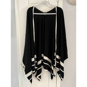 Ralph Lauren Sweater L/XL Black Wool Blend Striped Cape Poncho Shawl Cardigan